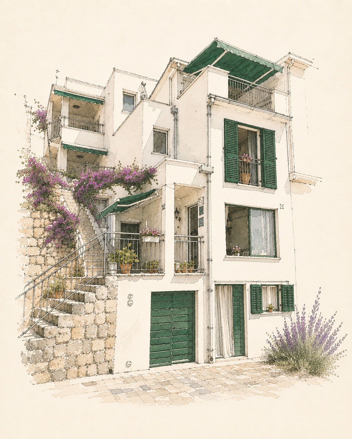 A hand-drawn illustration of Beach House Buinac today — the extended house with its terraces, green shutters, bougainvillea and dry-stone wall in Brist
